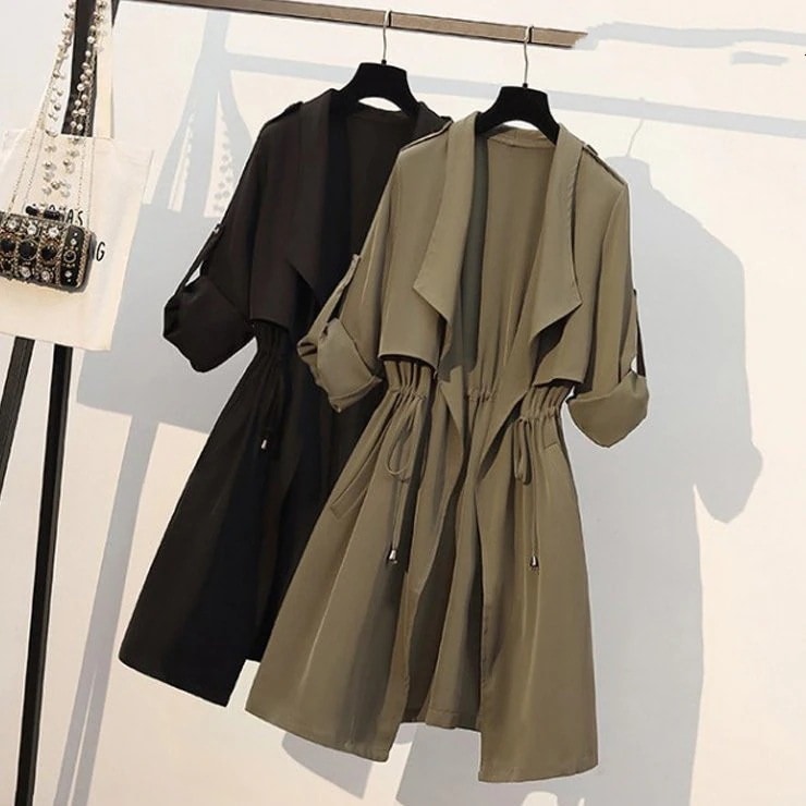 大きいサイズ レディース トレンチコート 前あき 薄手アウター 春秋アウター ブラック カーキ 新