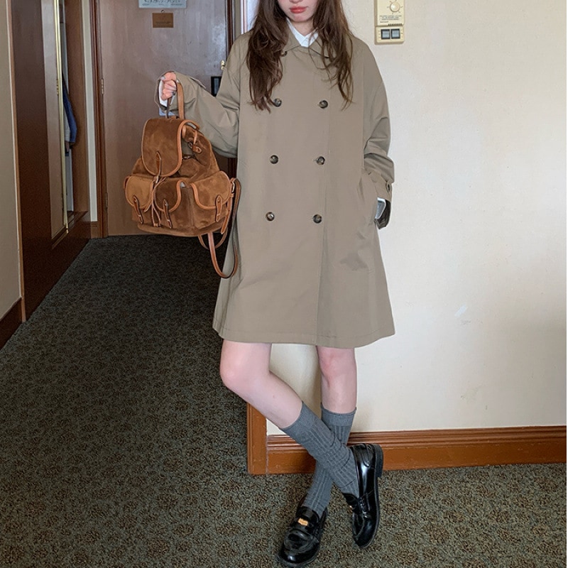 韓国デザインのミドル丈ドールカラートレンチコートレディース秋冬英国風ゆったりダブルブレスト新型ケープコート