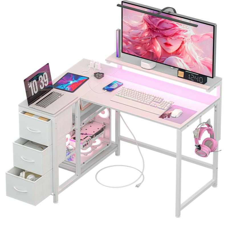 LunarLight PCパソコンデスク 幅108奥行80高さ71.8cm テレワーク L型デスク・左右組み換え自由 3段調節モニター台（10～33.5cm対応） 引き出しとコンセント付き 収納たっぷ