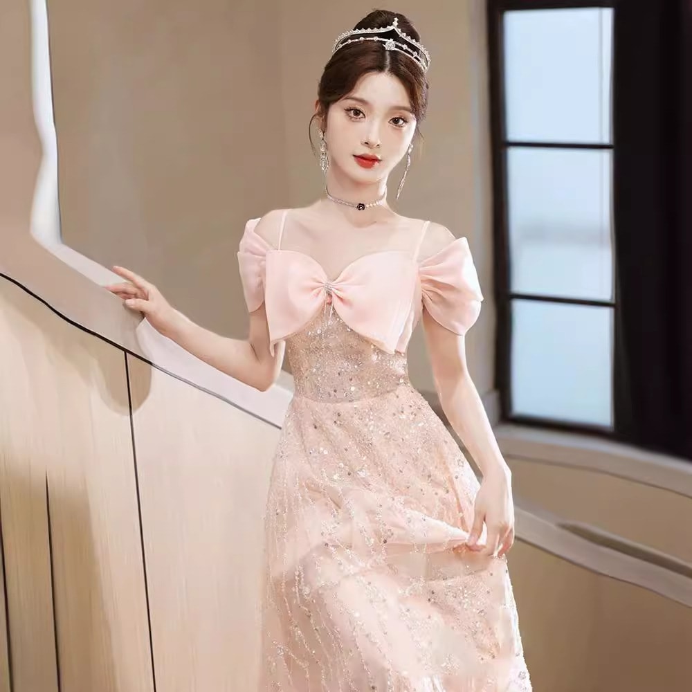 ピンクイブニングドレス2024チュチュスカート妖精エレガントな気質ドレスホストアートテストパフォーマンス衣装