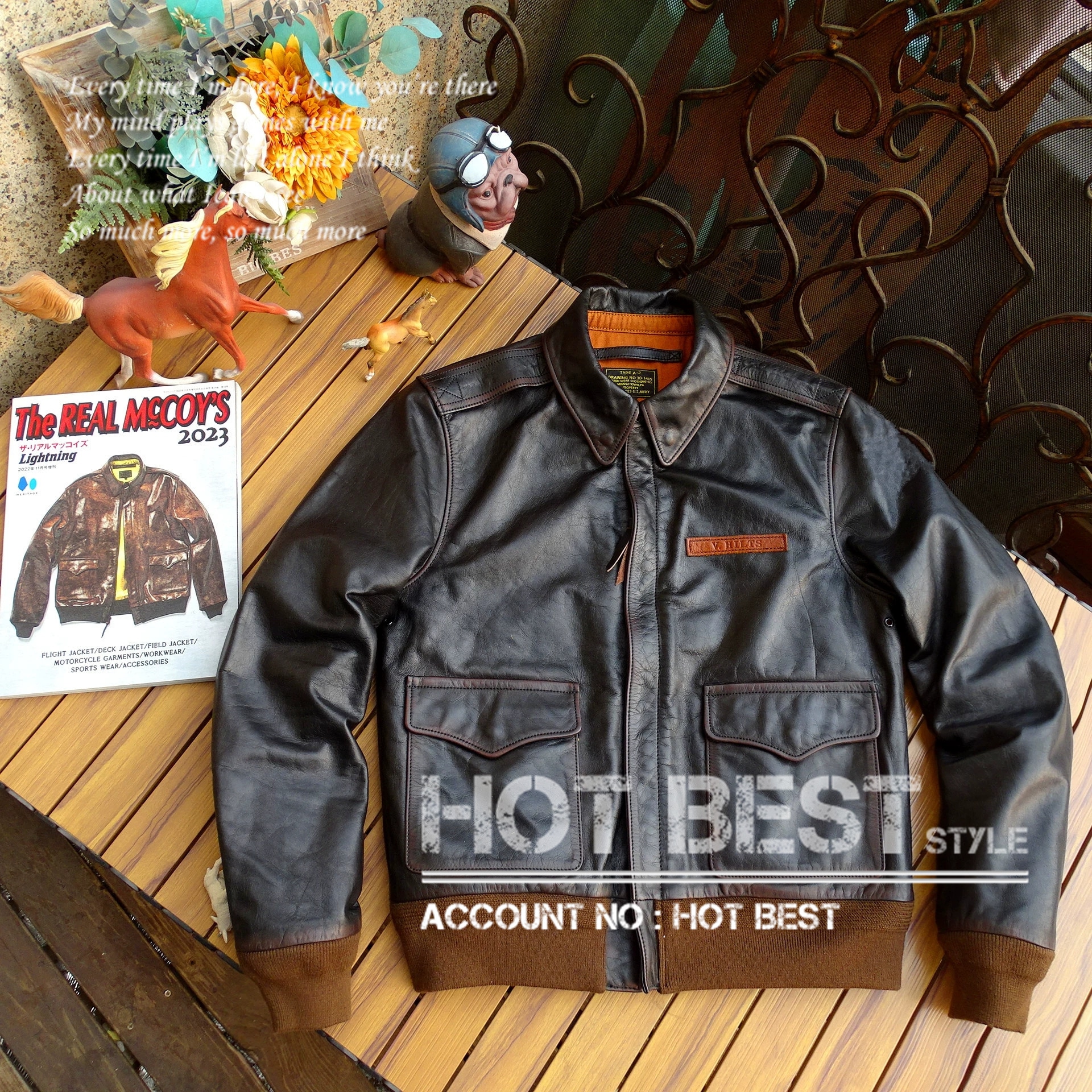 1.0mm 茶芯ホースハイド 復刻40s USAF TYPE A-2 V. HILTS フライトジャケット 革ジャン 植物鞣し ウォッシュ ヴィンテージ 馬革