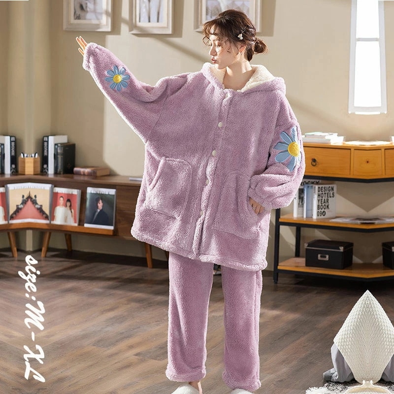 フランネルパジャマ バスローブ ルームウェア レディース 春秋冬 ２点セット セットアップ フード付き 花柄 刺繍 厚手 暖かい ロング丈 パンツ 長袖 パジャマ 大きいサイズ ナイトガウン 部屋着