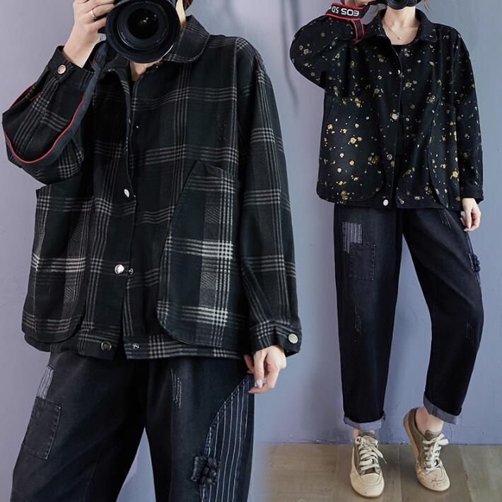 デニムジャケット　レディース　 長袖　花柄　チェック　ジャケット　アウター　デニムコート　Gジャン 　ジージャン 　コート　ゆったり　カジュアル　大きいサイズ　春秋　L　2L今日は30パーセント 4,806円