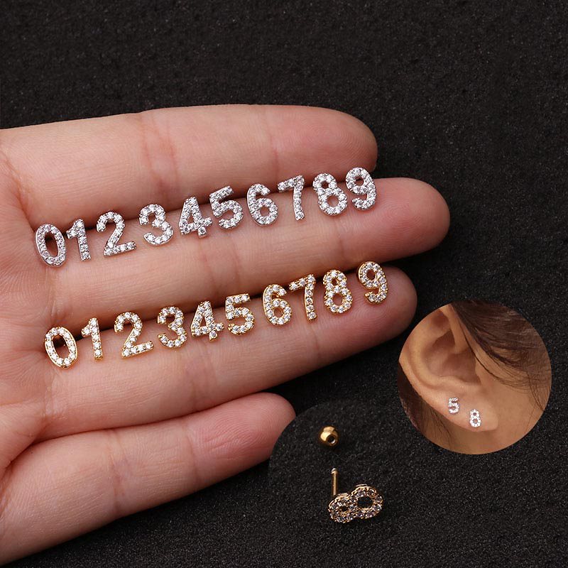 ボディピアス G クリスタルナンバーバーベル ゲージ 数字 0124456789 金色 ゴールド 銀色 シルバー 男性 女性 軟骨 ヘリックス キラキラ プレゼント bb4241