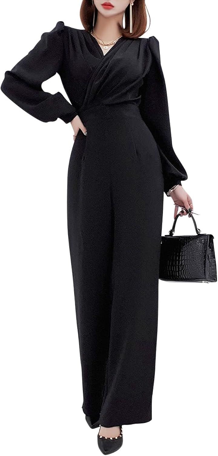 ウェアビー カシュクール オールインワン パンツドレス 長袖 Vネック スーツ フォーマル パフスリーブ セットアップ 春服 夏服 ドレススタイル スマート かわいい(ブラック, S)