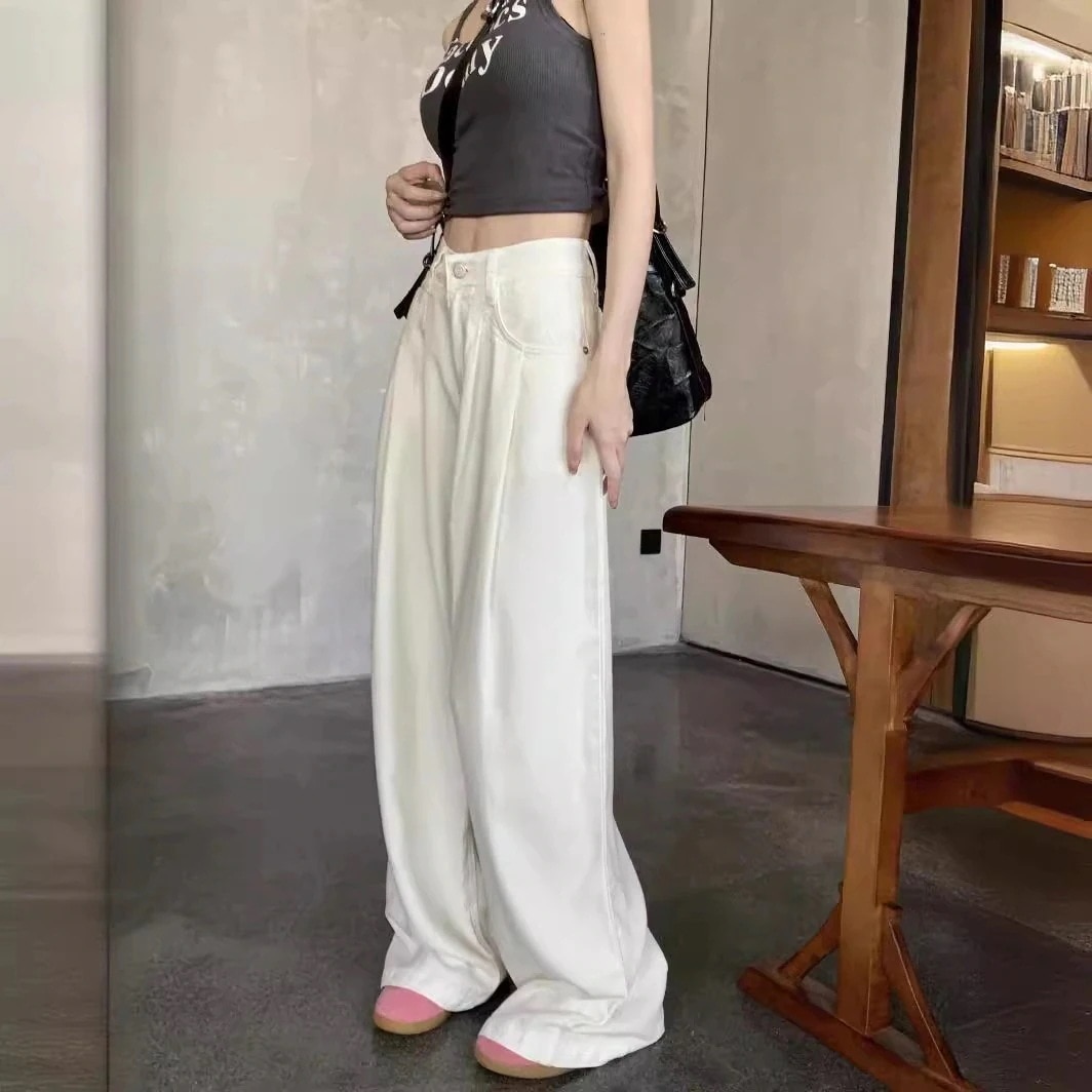 女性用白ハイウエストジーンズ春春冬春春冬先着痩せドレープワイドレッグフロアレングスパンツ
