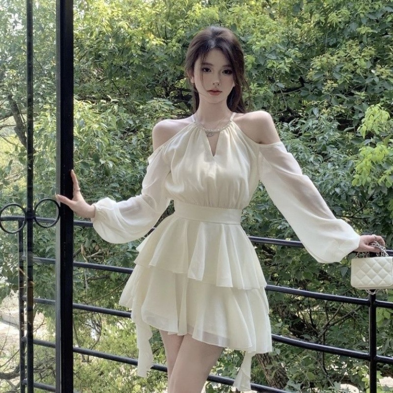 セクシーな白い長袖ドレス夏妖精ウエストスカートフリルケーキスカート