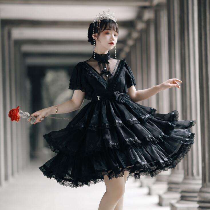 ゴシック ロリータワンピース ゴスロリ レースドレス 重ね重ね スカラップワンピース シースルー 花嫁 コスプレ衣装 ハロウィン コスチューム イベント 撮影衣装 Vネック 膝丈ドレス 白 黒 パニエ