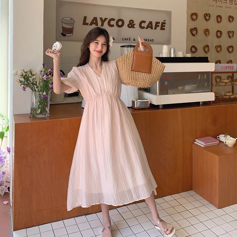 フレンチテンセルワンピース レディース 夏 2024 新作 優しい素材感 シニアセンス バブルスリーブ Vネック ロングフェアリー 5,245円