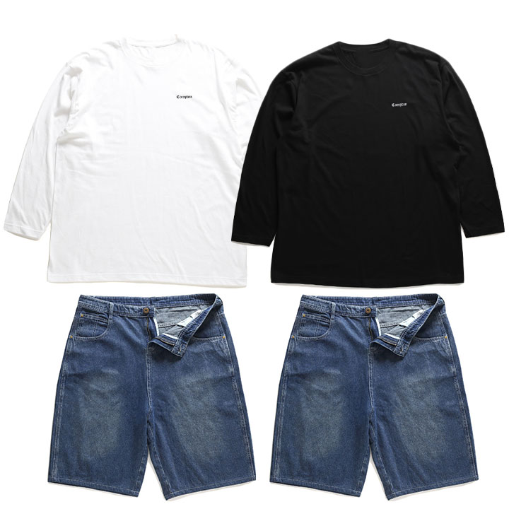 ACE FLAG 上下セット 長袖 ブランド ロンT デニム ハーフパンツ 上下 メンズ 白/黒 大きいサイズ エースフラッグ セットアップ Compton コンプトン