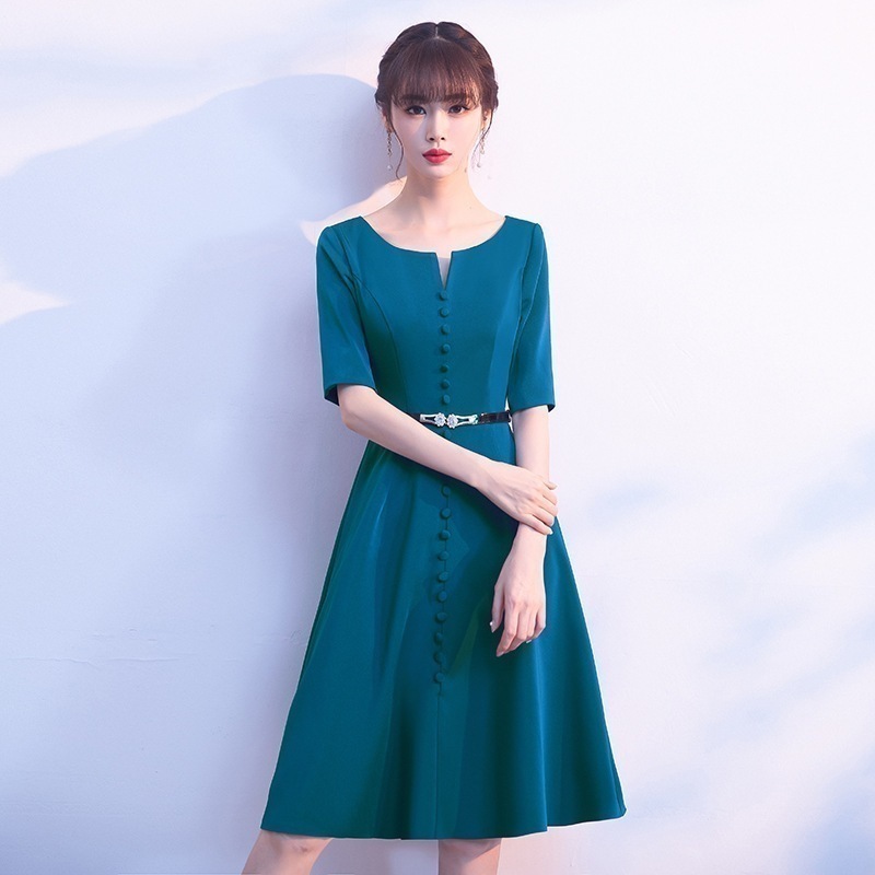 オケージョンドレス Aライン 韓国 パーティードレス ワンピース ミディアム丈 キーネック 半袖 ウエストマーク ワントーン ハイウエスト フレア かわいい 大人可愛い きれいめ シンプル 上品