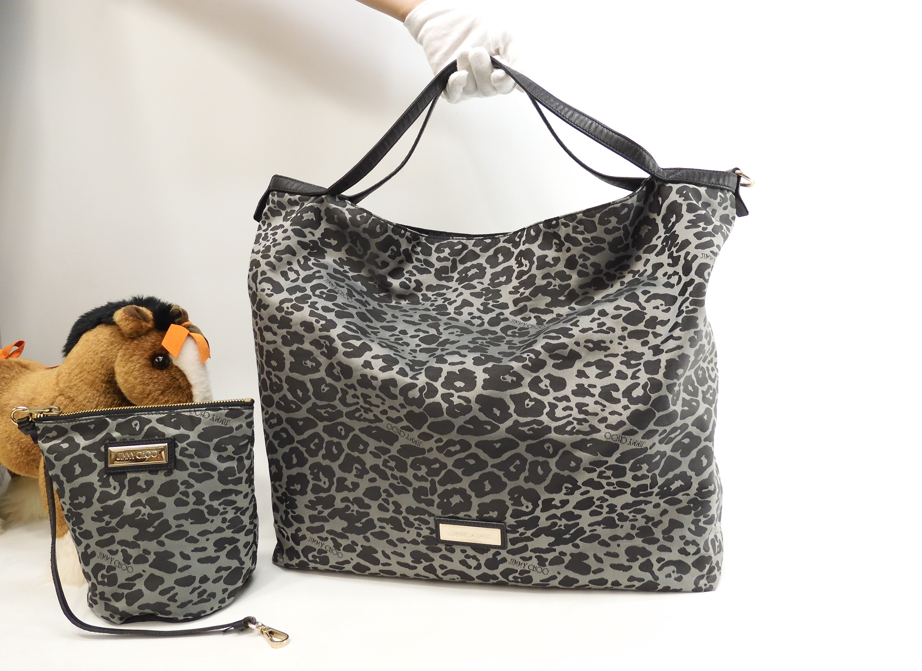 エコバッグ大 レオパード ナイロン/レザー黒灰 ショルダーバッグ@01606K