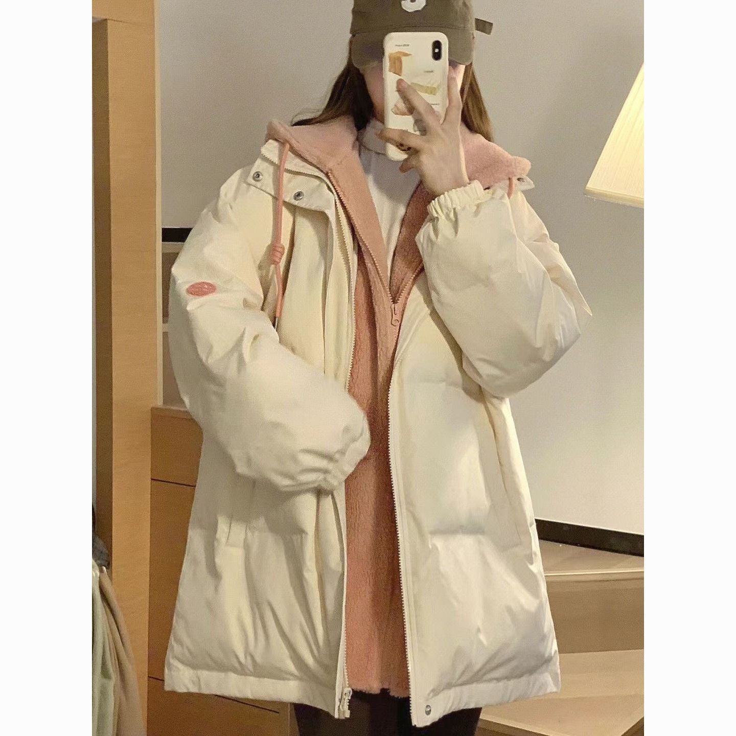 2025フェイクツーピースダウンコットンジャケットフード付きルーズ厚手コットンジャケット韓国スタイルコットンジャケットレディース