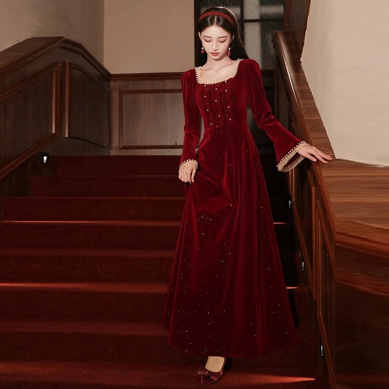 結婚式ドレス 二次会ドレス ワイン赤 ゲストドレス ベロア ベルベット レース フレア フリル 花柄 パール 可愛い ロングドレス ワインレッド フレア袖 パーティードレス ミモレ丈 成人式ドレス 同