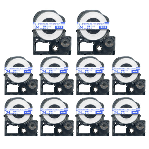 キングジム用 テプラ PRO 互換 テープカートリッジ ST24BW 透明ラベル 強粘着 10個セット 24mm／透明テープ／青文字 5,160円