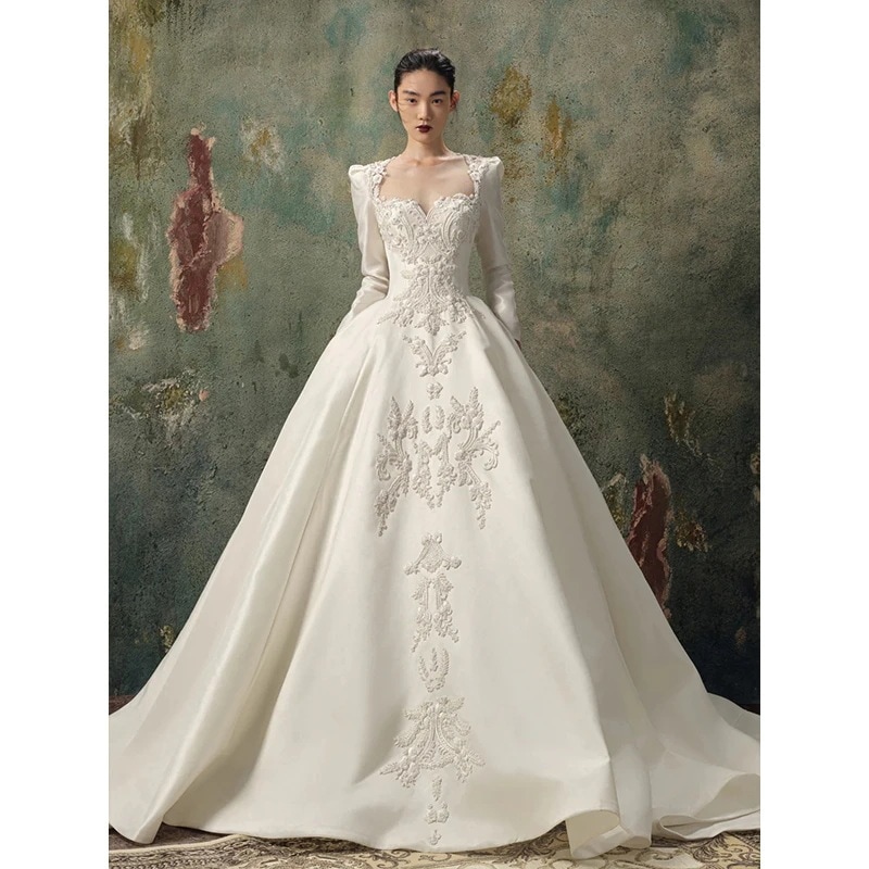 長袖サテンメインウェディングドレス花嫁2025質感スリミングテールウェディングベール冬