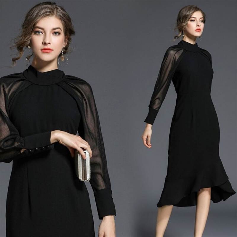 パーティードレス 黒 膝丈 ドレス マーメイド ミモレ丈 タイト 袖あり フォーマル ワンピース レディース 結婚式 二次会 お呼ばれ 透け感 スレンダー セクシー 個性的 大人 かっこいい クール 5,051円