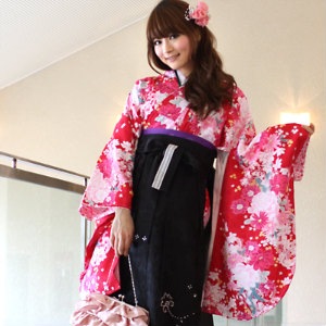 レンタル卒業式 袴 レンタル 女 袴セット 女 卒業式袴セット2尺袖着物＆袴 フルセットレンタル赤地にピンク紫バラとマーガレット＆レース安い