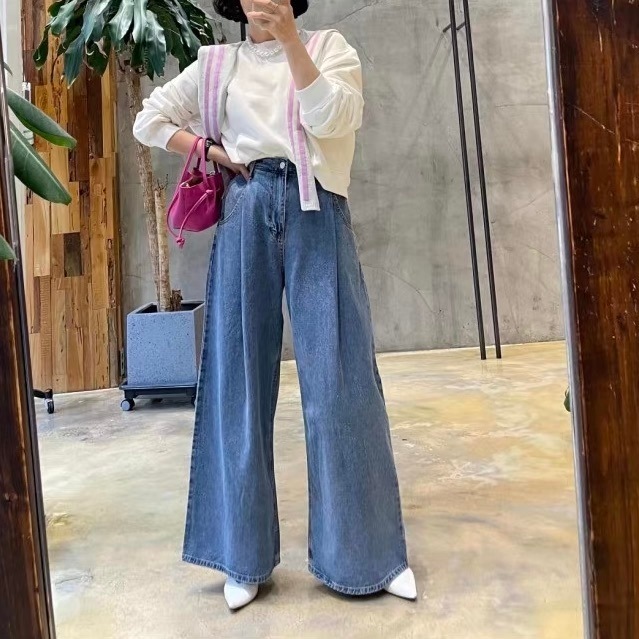 レディース パンツ ワンピース Gパン ロングパンツ ワイドパンツ 丈長 フルレングス フェミニン ストリート タック ハイウエスト ブルーデニム かわいい 大人可愛い シンプル おしゃれ かっこいい