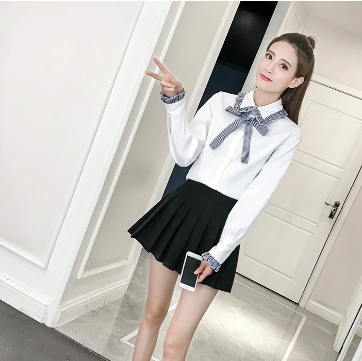 秋冬フリルシャツ 厚手長袖シャツ リボンタイシャツ フリル付きホワイトシャツ トップス Tシャツ シャツ ブラウス 白シャツ 白トップス 袖あり 長袖 Vネック 襟付き スリム ストレート Iライン 5,117円