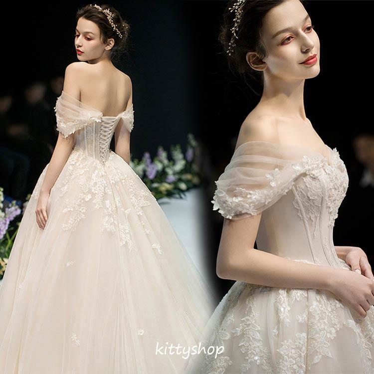 【即納】ウェディングドレス 袖あり オフショルダー ブライダルドレス 花嫁ドレス レース ロングドレス 結婚式ドレス 二次会ドレス 挙式 シャンパン色 16,154円