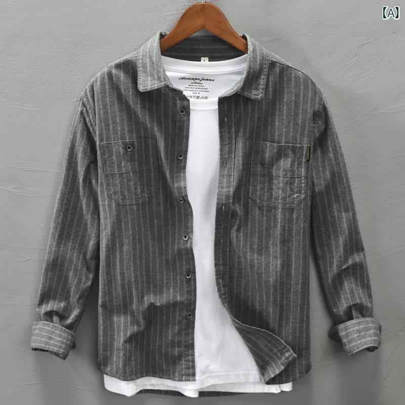 メンズ ファッション ストライプ ワークジャケット 春秋 レトロ コットン カジュアル コート