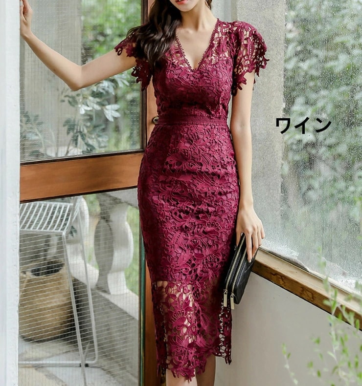 総レース ワンピース 披露宴 レディース ドレス イエロー ワイン 半袖 総レースドレス 結婚式 お呼ばれ スレンダ ひざ丈ドレス 花柄 ワンピ スレンダー レーススカート タイトスカート タイトワン