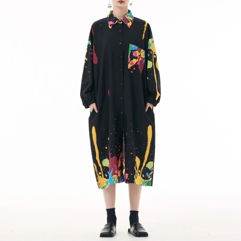 欧米のレトロインク落書きプリントドレス 女性の秋の薄いセクション緩い薄い海の気質シルキーシャツドレス冬のワンピース