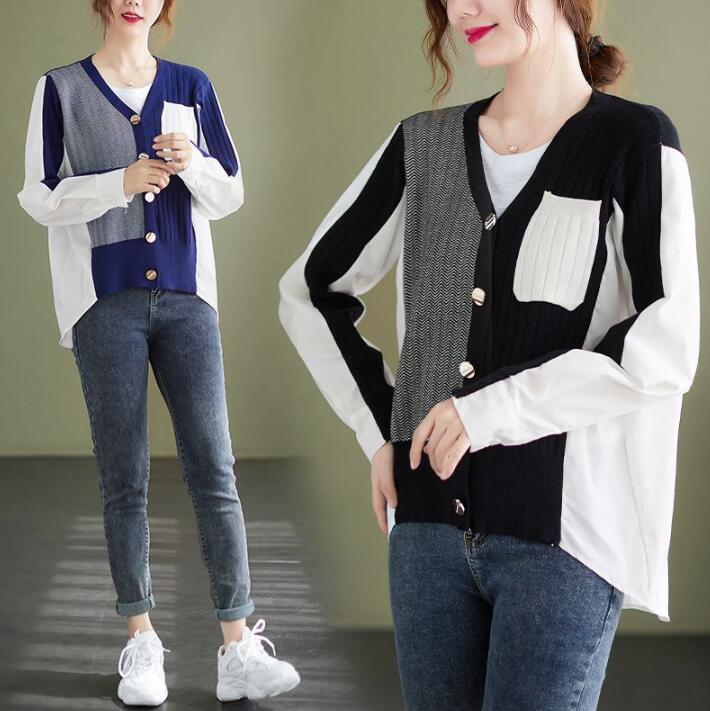 ニット　カーディガン 　シャツ　レディース　チュニック　アウター　Vネック　前開き　きれいめ　切替　前後差　セーター　ゆるニット ショート丈　春秋 長袖　カジュアル　無地