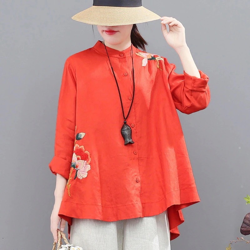【榮正】綿麻刺繍長袖シャツ女性春夏新スタイルゆったりスタンドカラー薄手スリム万能トップス女性用