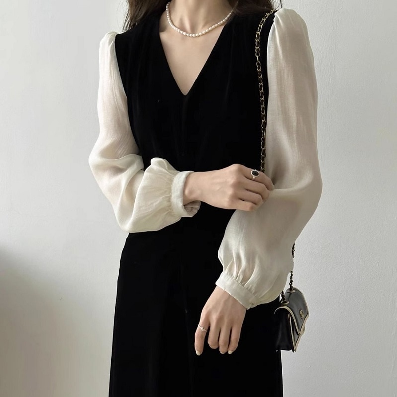 レディース ワンピース フレア フレアスカート ロングスカート ロング 長袖 パフスリーブ Vネック スリム Aライン 切り替え フェミニン ウエストマーク 切り替えデザイン バイカラー ドッキング