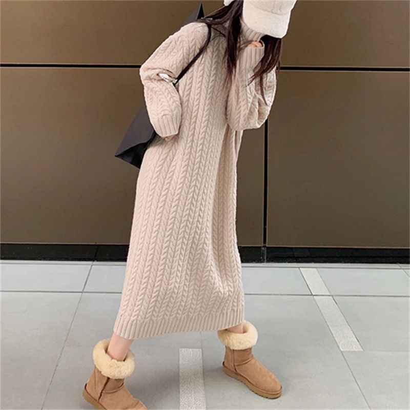 秋冬向けレイジースタイルレトロツイスト膝上タートルネックセータードレスゆったりインナーミドル丈厚手ニットドレス 4,450円