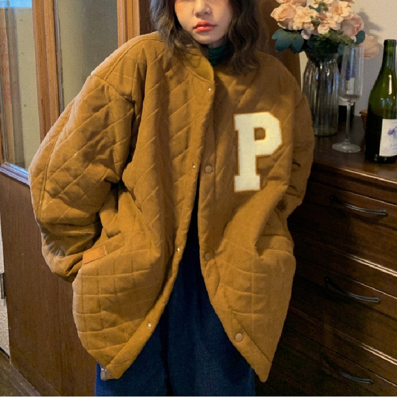 キルティングブルゾン レディース アウター ジャケット ブルゾン ジャンパー キルティング ワンポイント ロゴ ビッグシルエット ドロップショルダー 大きいサイズ 茶色 ブラウン 大人可愛い きれいめ
