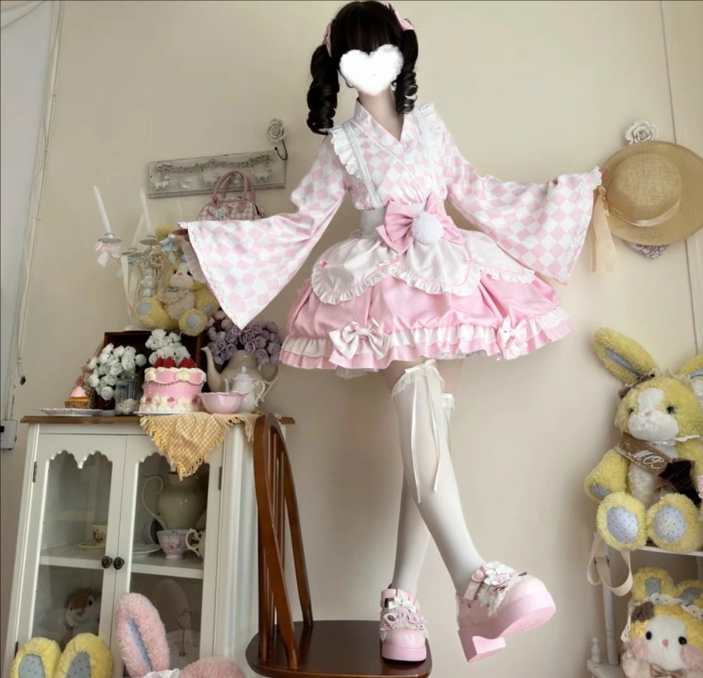 可愛いロリータワンピース 上下セット ロリータ服 チェック柄 お姫様風 振袖 プリンセスドレス 甘ロリータ 甘ロリ プリント柄 フリル 可愛いコスチューム ゴスロリ コスプレ衣装 文化祭 学園祭 イベ