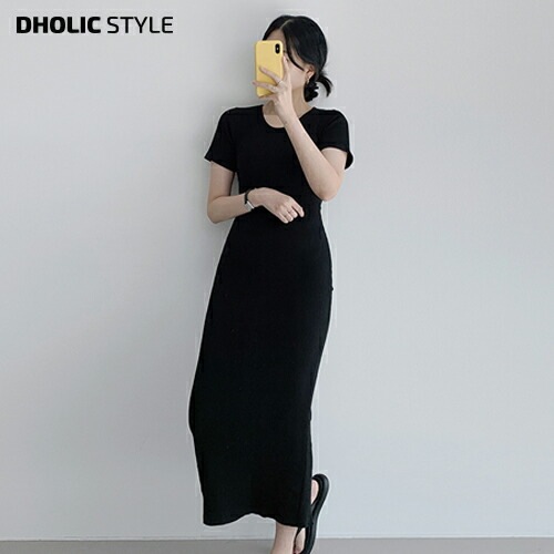 Uネックバックスリットリブ半袖ロングワンピース・p678511