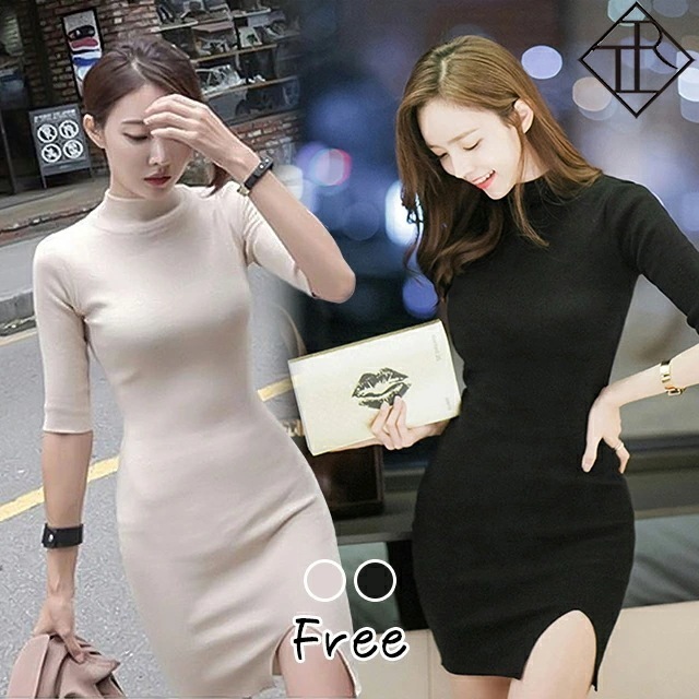 【即納】ワンピース レディース ニットワンピース 秋冬 長袖 秋 ニット ワンピ 大きいサイズ ワンピース ショート丈 リブニット ワンピース ハイネック タイト スリット