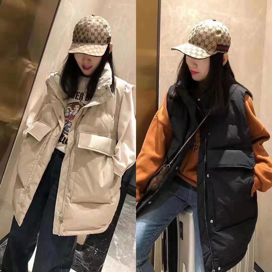 ダウンベスト アウター ベスト ミディアム丈 袖なし ノースリーブ スタンドカラー ストレート