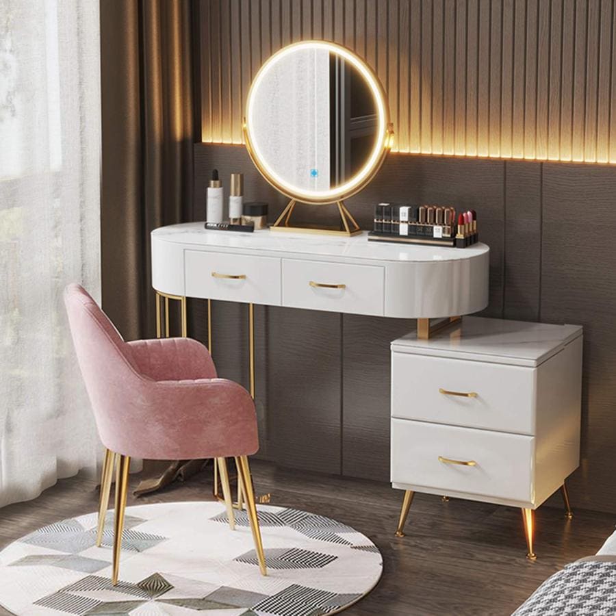 LEDライトミラー付き化粧ドレッサーデスク大理石の強化ガラステーブルトップとクッション付きスツールシックなベッドルーム家具化粧ドレッサーデスク