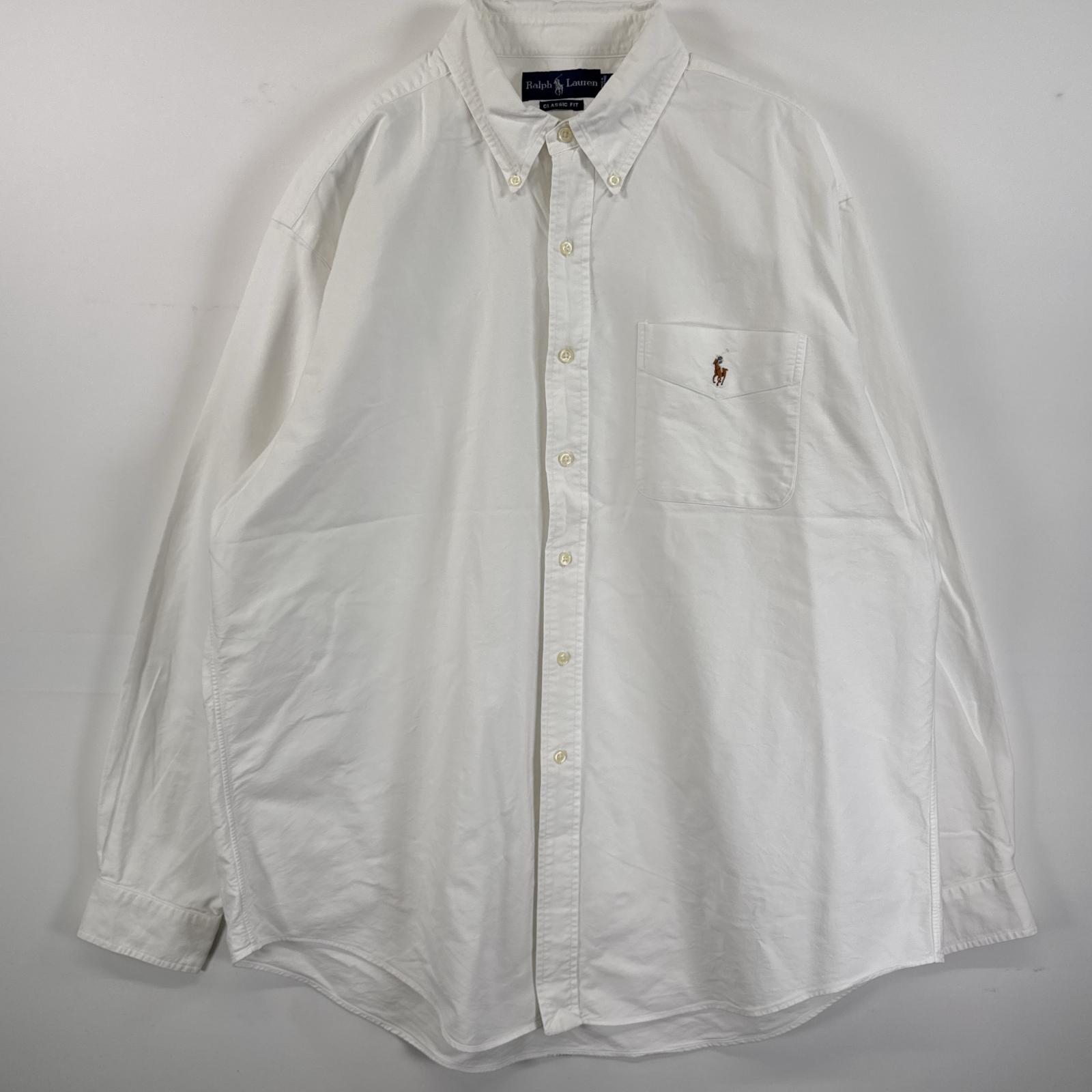 古着 長袖シャツ オックスフォード ボタンダウンシャツ ポケット 大きいサイズ XL ホワイト 無地 メンズ