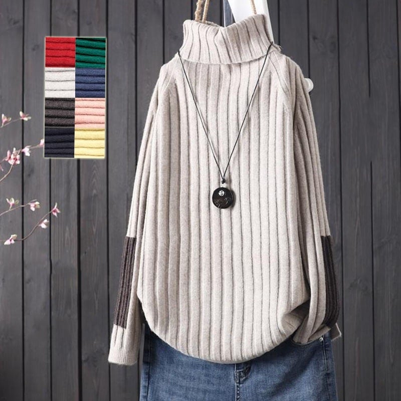 【手触りいい】 合わせやすい ゆるい 体型カバー ハイネック 配色 ニットセーター