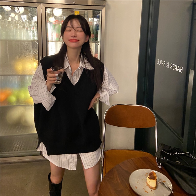 トップス シャツ ブラウス ベスト 袖なし 袖あり ノースリーブ 長袖 Vネック 2点セット かわいい 大人可愛い シンプル カジュアル おしゃれ お洒落 かっこいい こなれ感 ラフ メンズライク