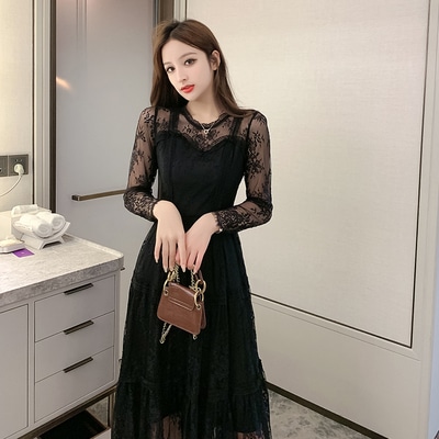 ドレス ワンピース Aラインドレス ミモレ ミモレ丈 袖あり 長袖 Uネック ラウンドネック Aライン 切り替えデザイン ドッキング レース 刺繍 チュール 透け感 シースルー かわいい 大人可愛い