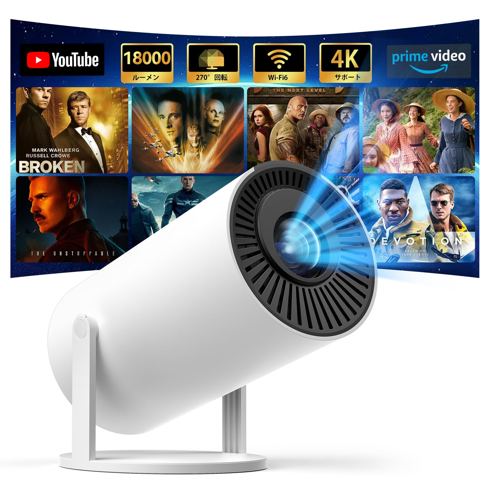 プロジェクター 小型【令和7年7月本格販売！明るさプラス＆270回転＆自動台形補正】Wi-Fi6瞬間接続 1080P 天井投影 Bluetooth5.4 ホームプロジェクター 4k対応 家庭用プロジ