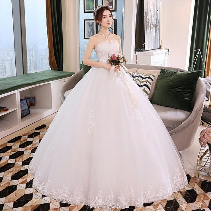 プリンセスライン ベアトップ 結婚式 二次会 ウエディングドレス ビスチェ 大きいサイズ ウェデイングドレス 花嫁 披露宴 ブライダル ホワイト 床付き レース