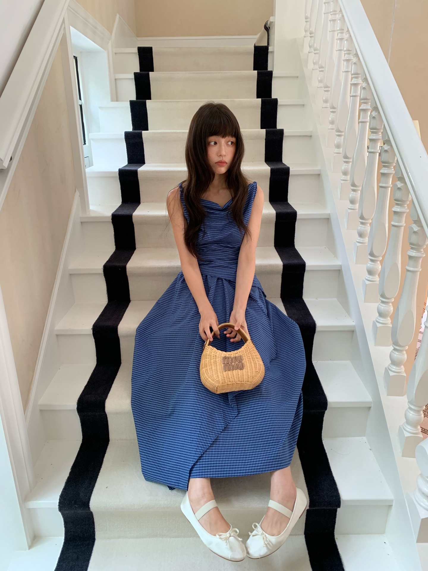 夏韓国chic気質減齢襟袖なし格子ワンピース女性S5790