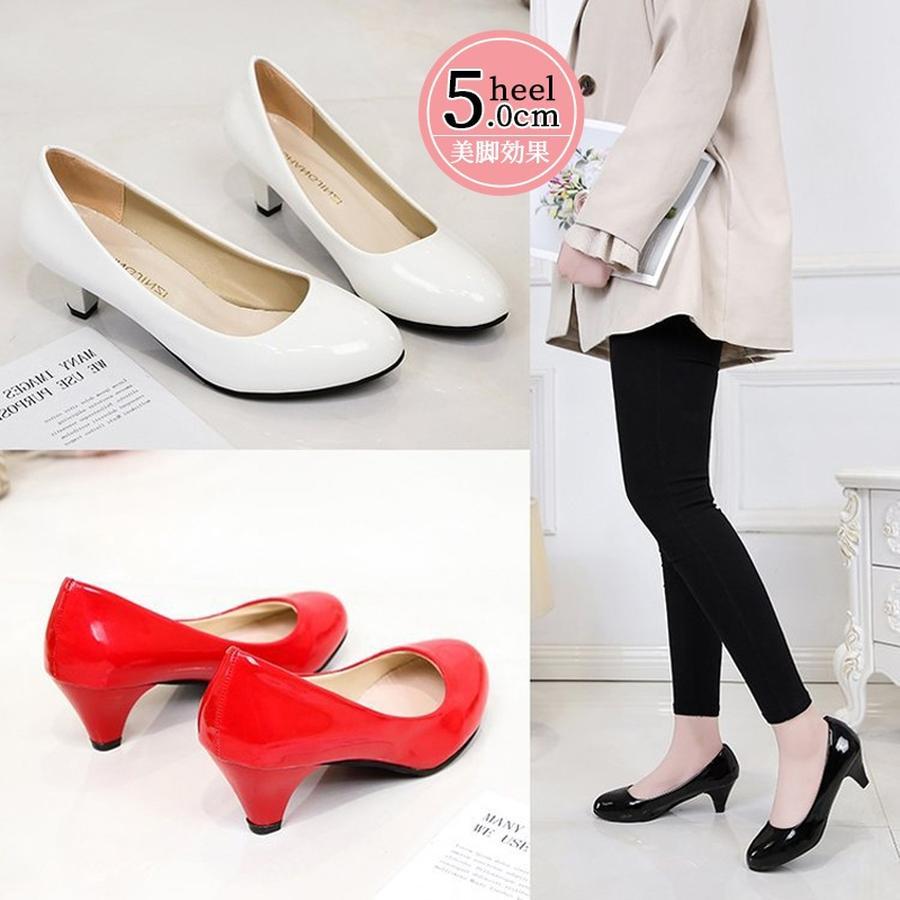 韓国パンプス レディース ラウンドトゥ 5cmヒール 美脚 ビジネス 歩きやすい エナメル 疲れにくい フィット感