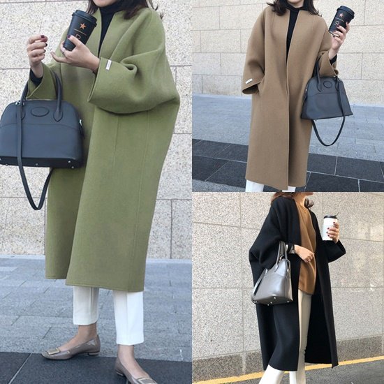 【取寄：納期2週間】ロングコート ガウンコート レディース 韓国 ファッション ノーカラ― トッパーカーディガン ロゴ袖 無地 シンプル アウター コート シンプルコート 韓国 ロングコート