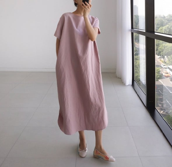 クルーネック 半袖 ワンピース ゆったり ロング丈 スリット ラウンドカット マキシ丈 無地 かわいい 大人可愛い きれいめ シンプル カジュアル 大人 上品 おしゃれ お洒落 かっこいい lone0