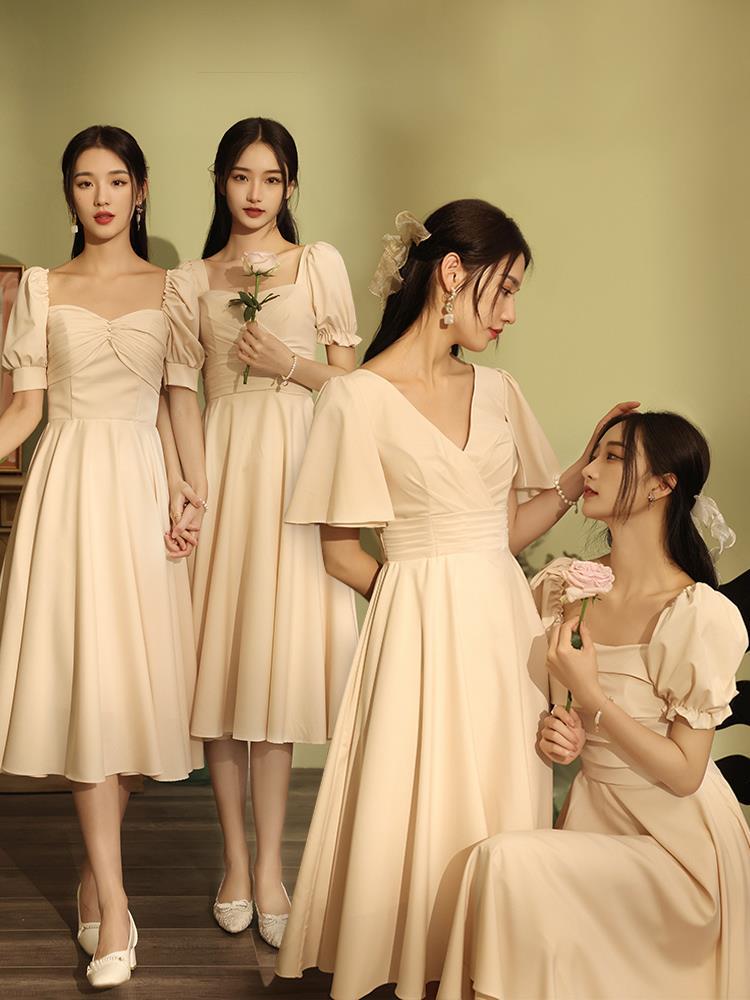 ブライズメイドドレス 5サイズ 4タイプ ロング丈 ミモレ丈 無地 ベージュ 大人 フォーマル お呼ばれ 韓国風 イブニング パーティードレス-127