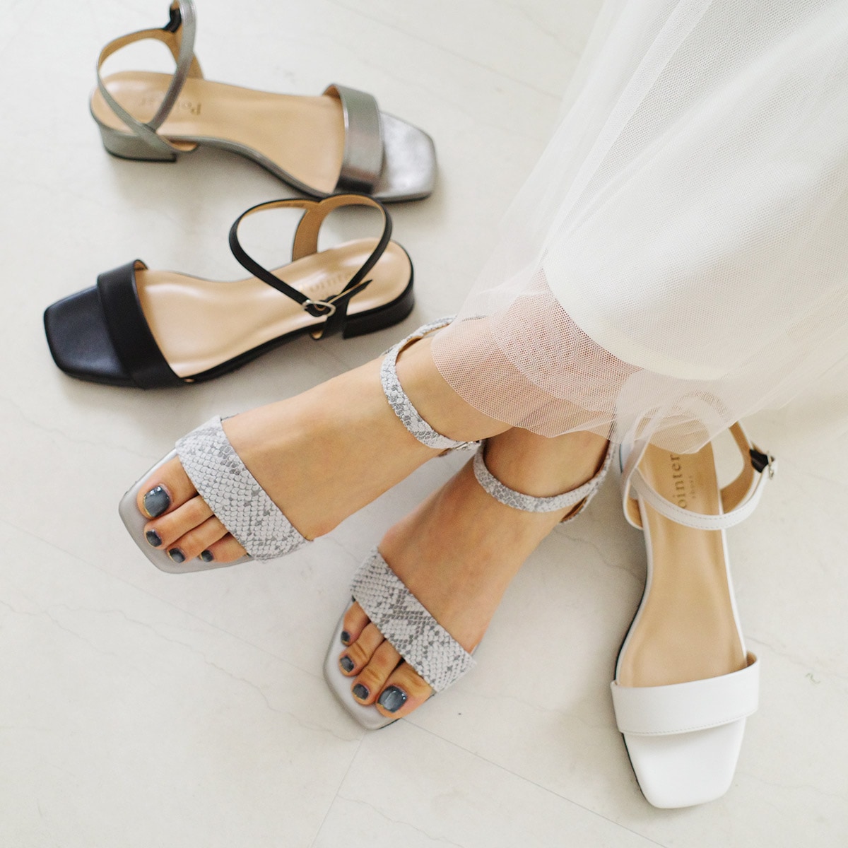 本革スクエアトゥサンダル レディース